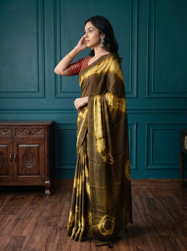 Synthetic Khaki Yellow Tie Dye Ring Pattern Saree with Tassels
