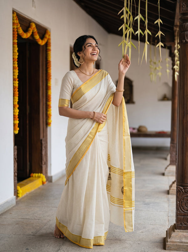 Cotton Cream Checkered Golden Orange Border Onam Special Kerala Saree