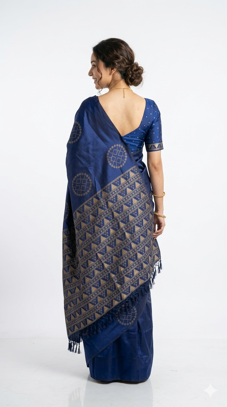 Woman wearing a blue saree with a pattern on a beige background