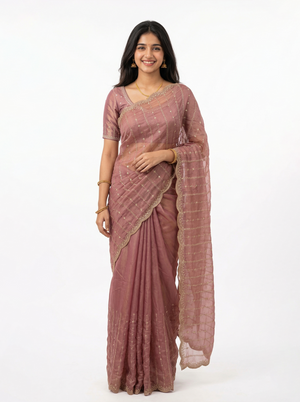 Shimmer Organza Dusty Rose Zari Threadwork Saree with Scalloped Border