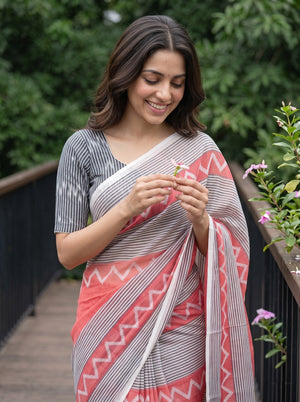 Cotton White Saree with Coral Pink Zigzag Chevron Border