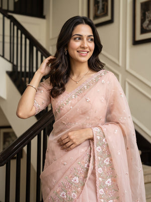 Organza Peach Floral Sequin Embroidered Saree