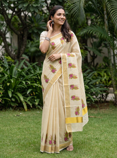 Tissue Cream Magenta Rose Print Kerala Saree with Golden Zari Border