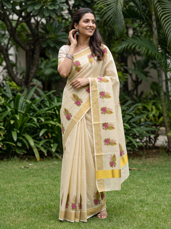 Tissue Cream Magenta Rose Print Kerala Saree with Golden Zari Border