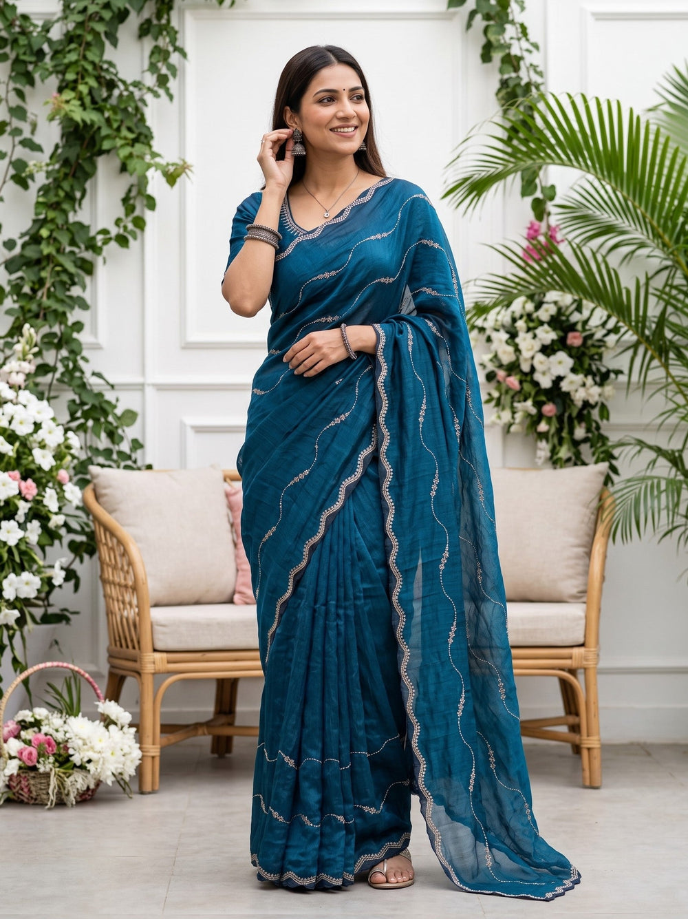 Chiffon Teal Blue Wavy stone Embellished Saree