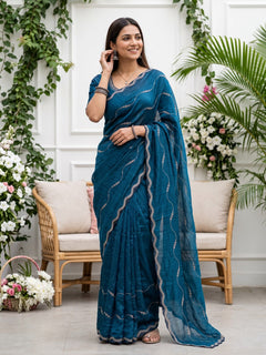 Chiffon Teal Blue Wavy stone Embellished Saree