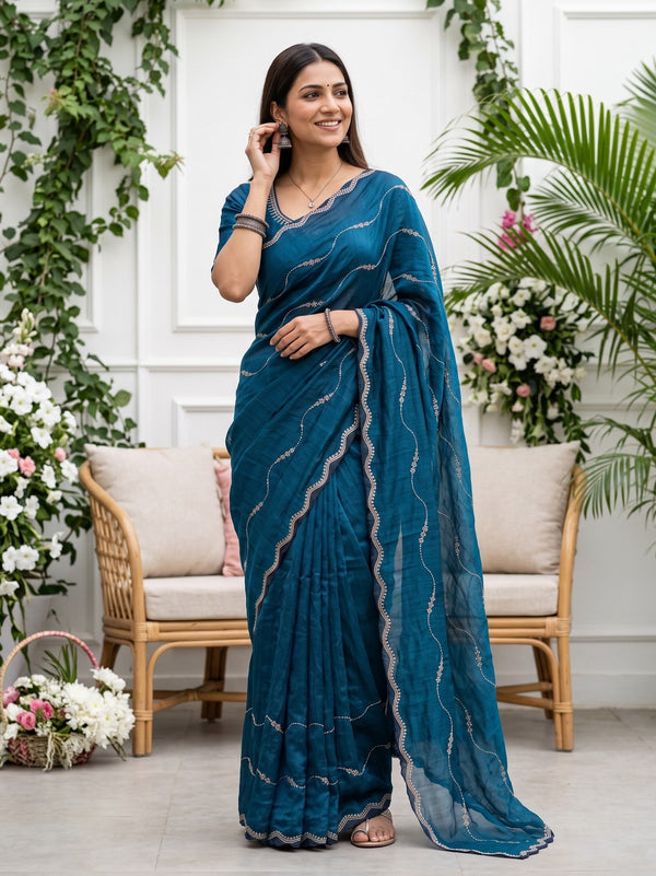 Chiffon Teal Blue Wavy stone Embellished Saree