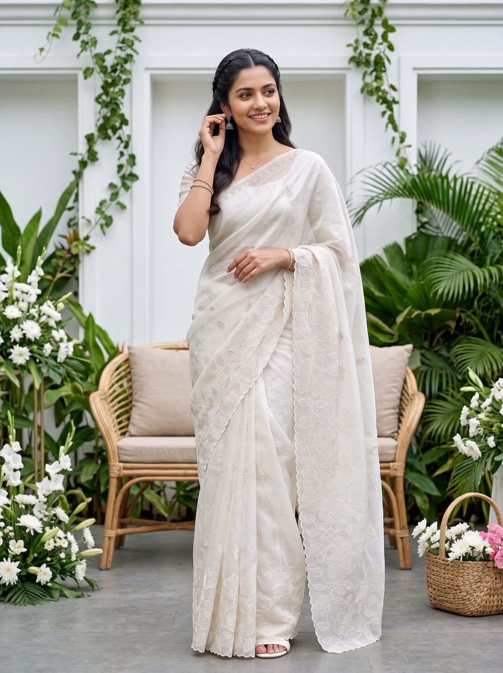 Organza Ivory Saree with Tonal Floral Vine and Sequin Work
