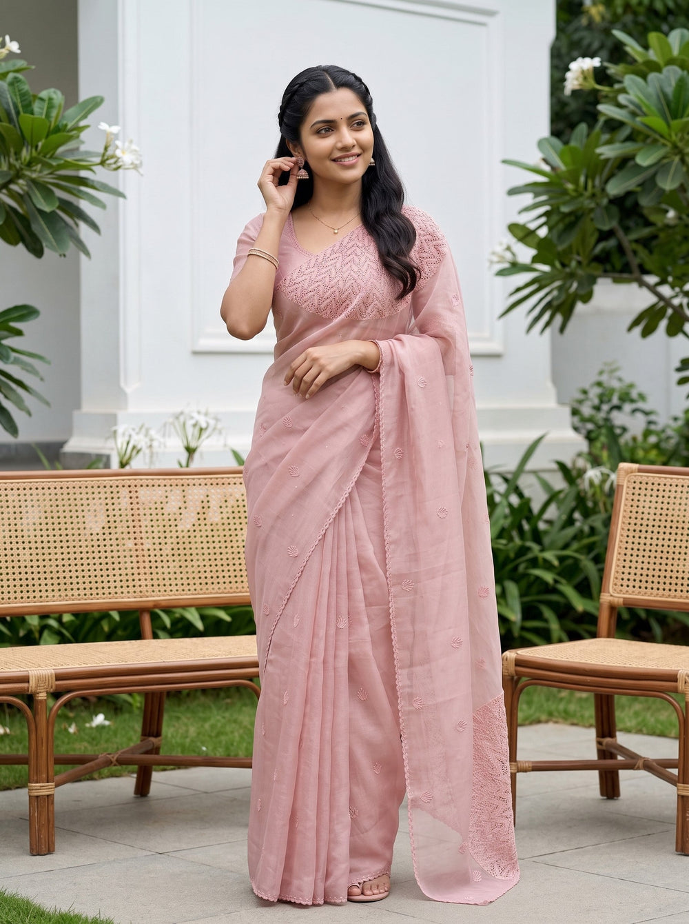Organza Blush Pink Saree with Cutwork Embroidered Half-Moon Pallu and Sequin Butta