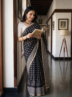 Linen Black Diamond Print Saree with Auto Rickshaw Border
