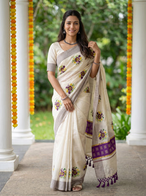 Tissue Cream Purple Floral Print Zari Border Kerala Saree