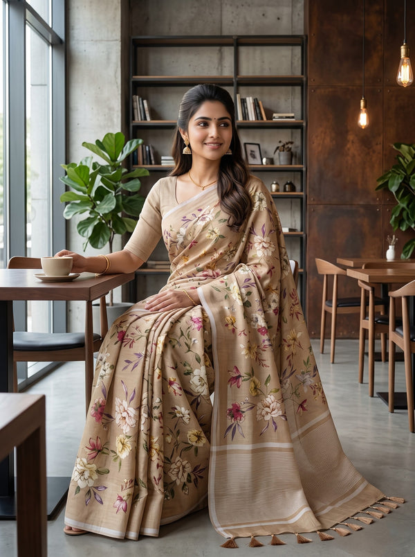 Linen Beige Multicolor Watercolor Floral Print Saree