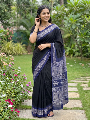 Georgette Black Navy Blue Batik Tribal Print Saree