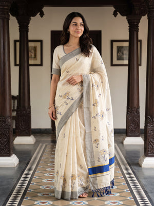 Tissue Cream Golden Navy Blue Floral Embroidered Pallu Broad Blue Zari Border Kerala Saree