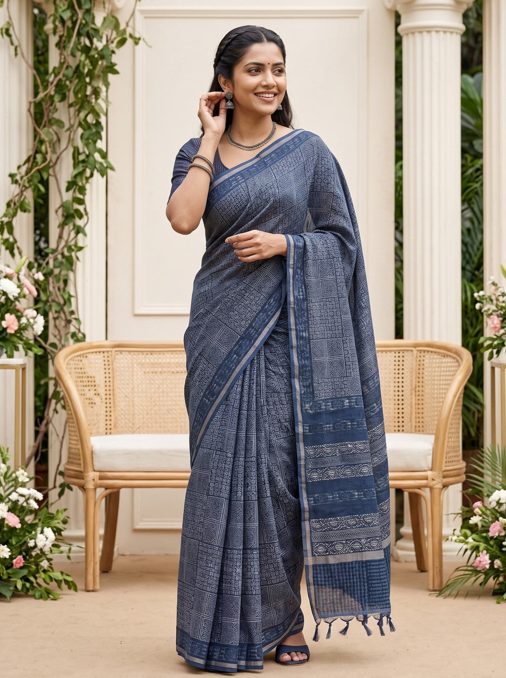Polycotton Indigo Blue Ajrakh Block Print Mirror Work Saree with Banded Pallu