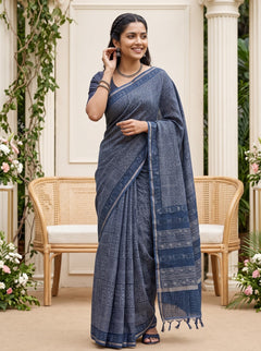 Polycotton Indigo Blue Ajrakh Block Print Mirror Work Saree with Banded Pallu