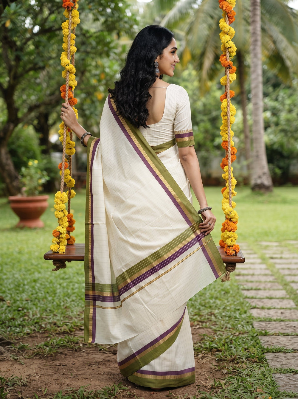 Cotton Cream Off-White Gold Pinstripe Green Purple Border Onam Kerala Saree
