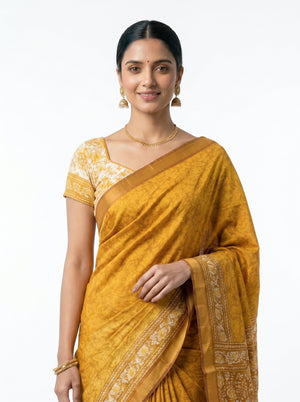 Soft Cotton Mustard Yellow Batik Print Saree with Floral Border