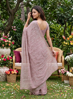 Chiffon Dusty Rose Bamboo Blossom Thread Embroidered Saree
