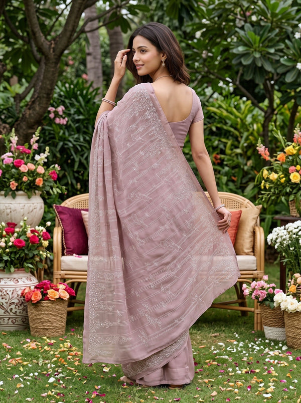 Chiffon Dusty Rose Bamboo Blossom Thread Embroidered Saree