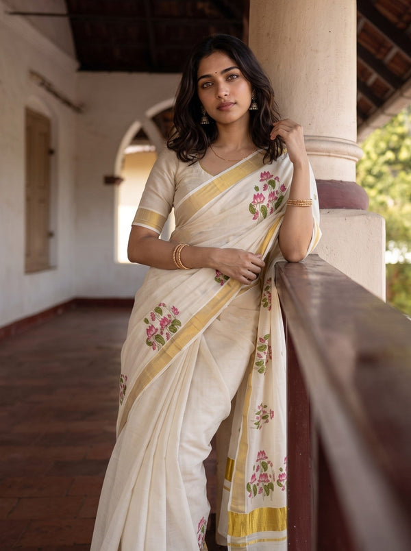 Tissue Cream Kerala Saree with Pink Lotus Print Pallu, Golden Zari Border