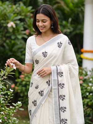 Cotton White Kerala Saree with Black Floral Print Pallu and Silver Zari Border