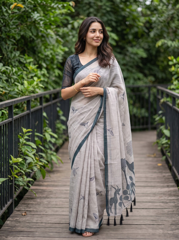 Cotton Saree in Grey with Deer & Bird Print Pallu