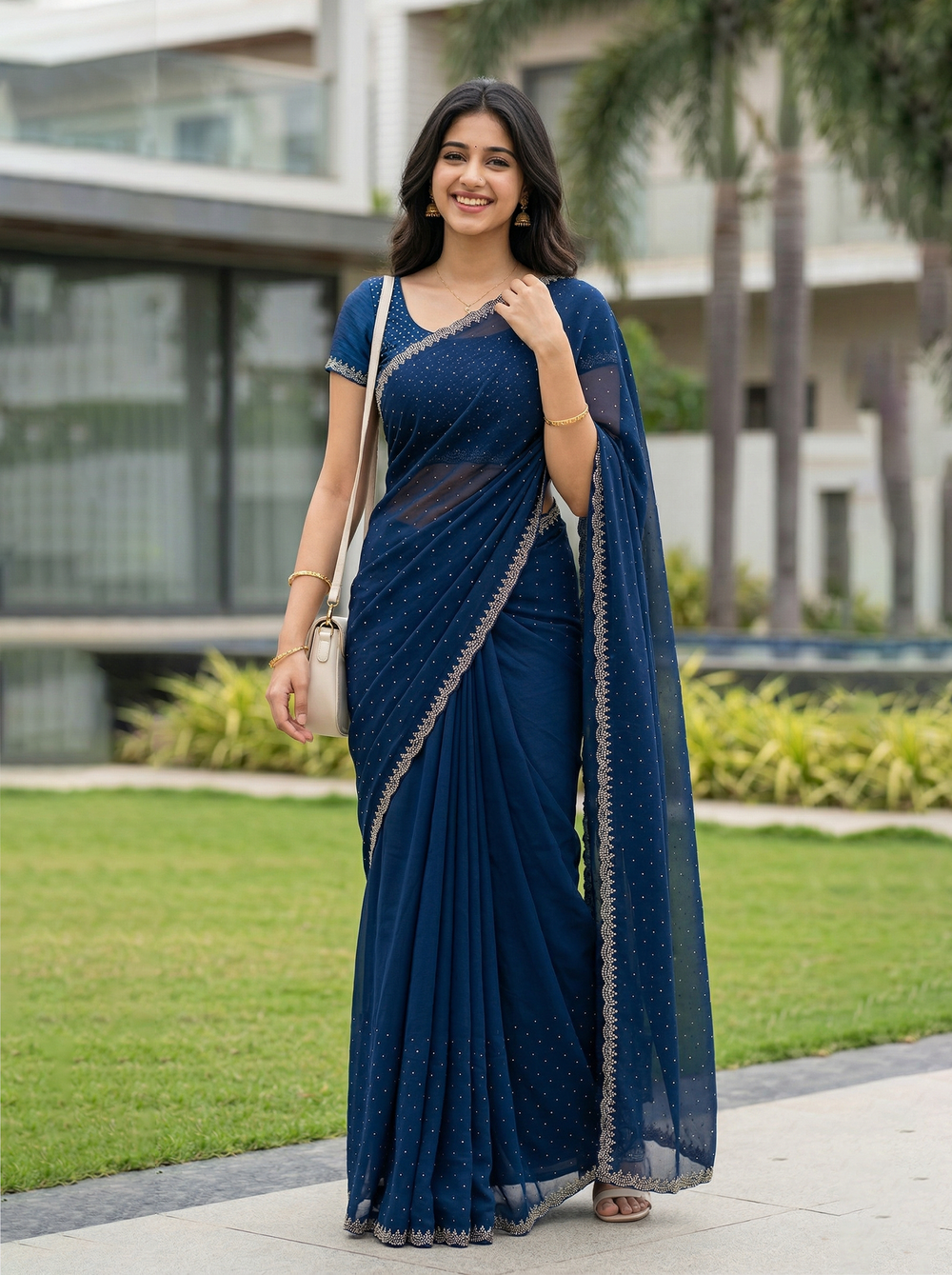 Georgette Navy Blue Stone Studded Saree with Pearl Beaded Border