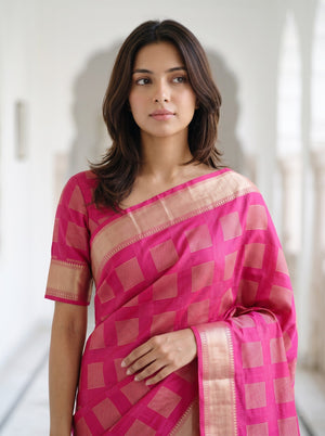 Semi Silk Magenta Pink Check Weave Saree with Golden Striped Pallu