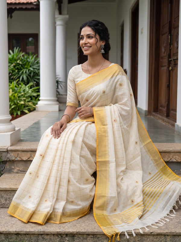 Cotton Cream Checkered Floral Booti Gold Lace Border Onam Kerala Saree
