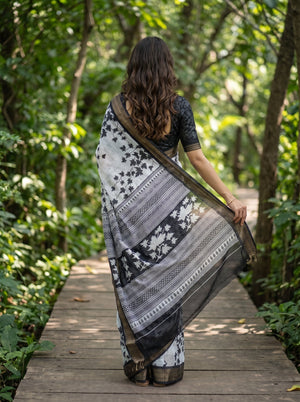 Polycotton White Black Maple Leaf Print Saree with Greek Key Chevron Border Pallu
