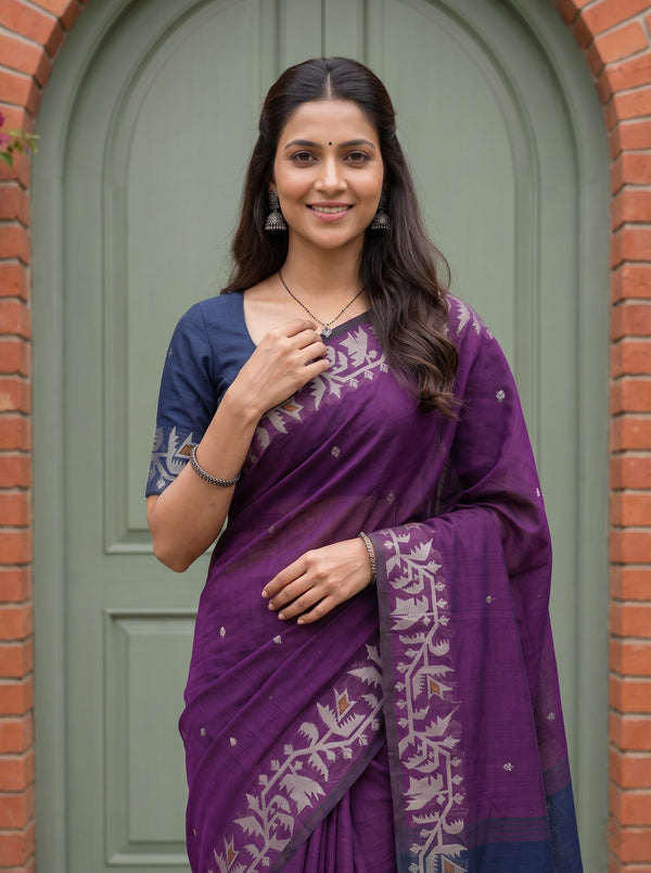 Cotton Purple Navy Blue Vine Border Booti Saree
