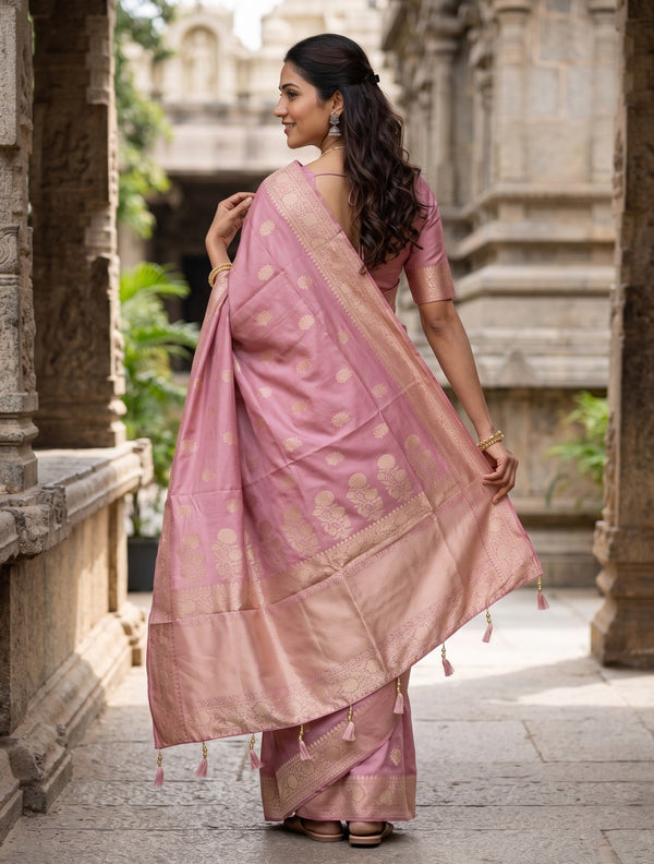 Banarasi Dusty Rose Golden Zari Floral Booti Diamond Jaal Border Saree
