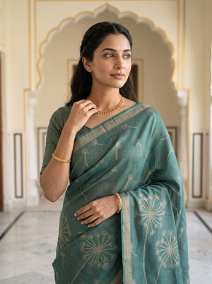 Matka Silk Green Dandelion Print Saree