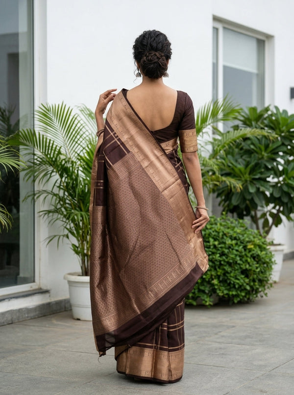 Kanjivaram Silk Coffee Brown Checked Saree with Gold Border