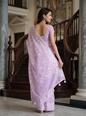 Organza Lavender White Floral Vine Embroidery Border Saree