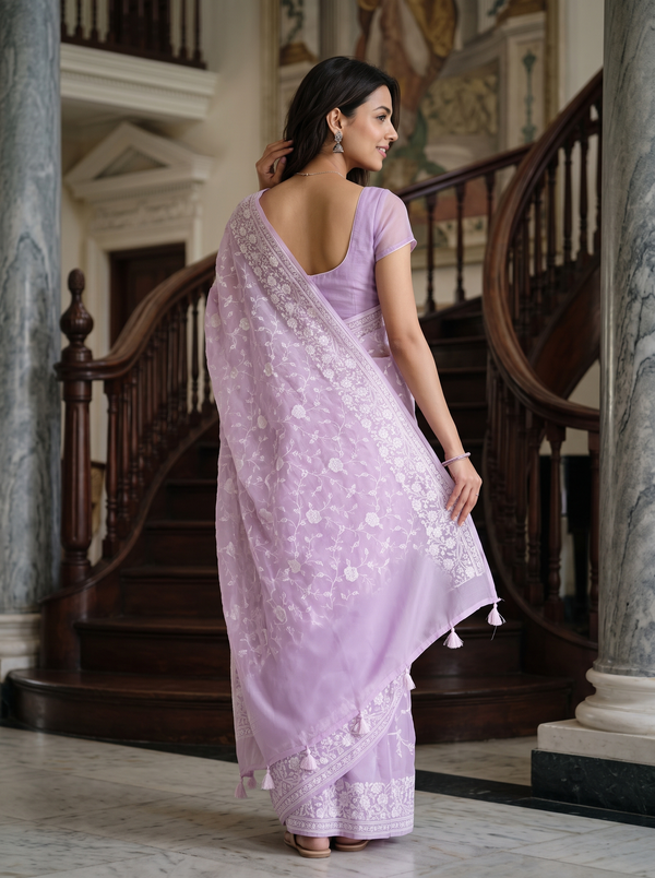 Organza Lavender White Floral Vine Embroidery Border Saree