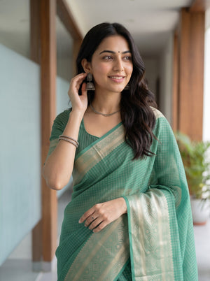 Chanderi Cotton Green Check Weave Saree with Golden Shimmer Zari Pallu