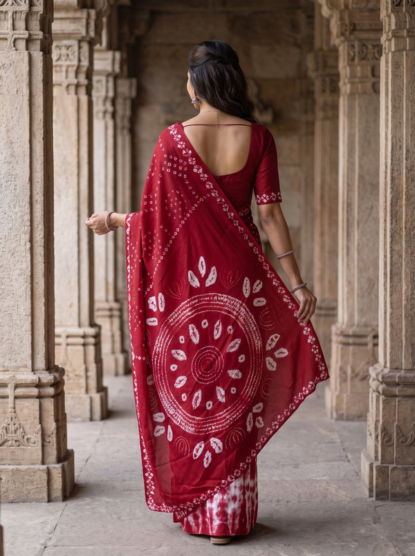Semi Modal Red Saree with Bandhani Print and Shibori Hem