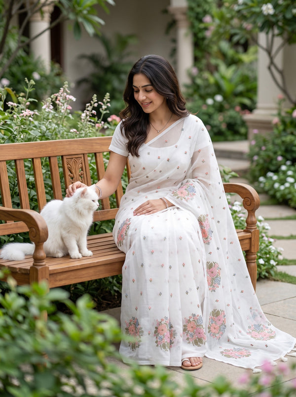 Net Kota White Floral Bouquet Embroidery Saree