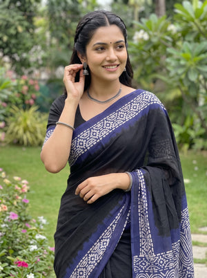 Georgette Black Navy Blue Batik Tribal Print Saree