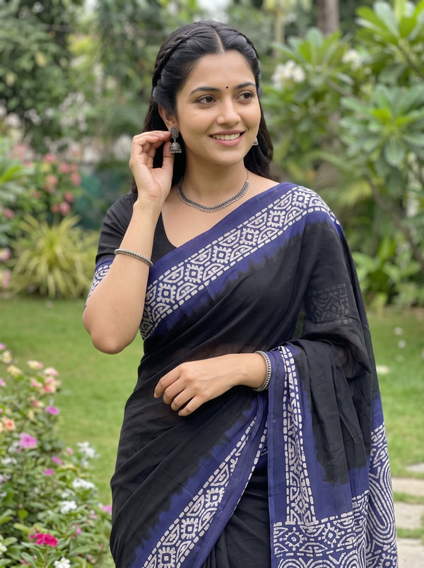 Georgette Black Navy Blue Batik Tribal Print Saree