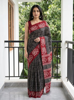 Synthetic Black Red Kalamkari Style Elephant Border Saree