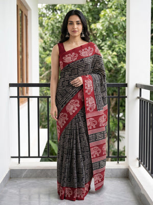 Synthetic Black Red Kalamkari Style Elephant Border Saree