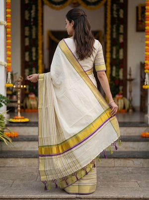 Cotton Cream Checkered Body Striped Gold Border Kerala Kasavu Set Saree