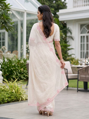 Organza Off White Pink Floral Border Sequin Saree