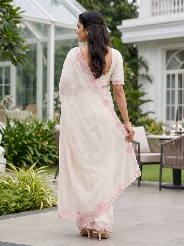 Organza Off White Pink Floral Border Sequin Saree