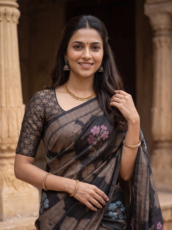 Semi Silk Black Multicolor Floral Bouquet Medallion Saree with Tassels