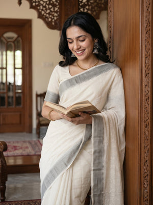 Kota Doria Ivory Self-Tone Floral Cutwork Grey Border Saree