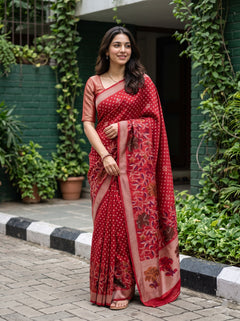 Banarasi Bandhani Red Saree with Floral Jaal Zari Pallu